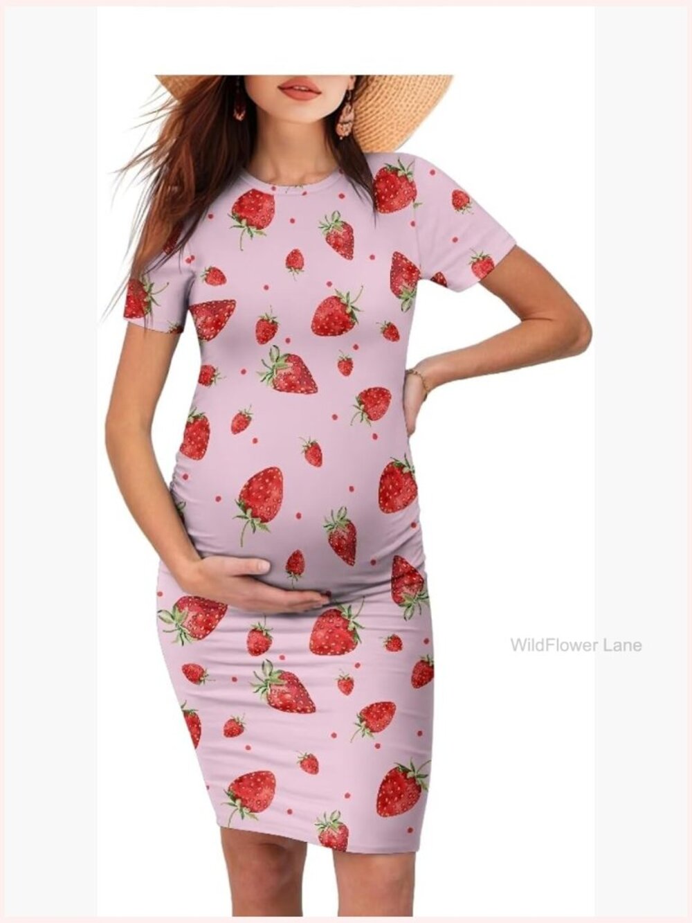 Maternity Summer Midi Dress Crew Neck Short Sleeve Bodycon Nursing Dress